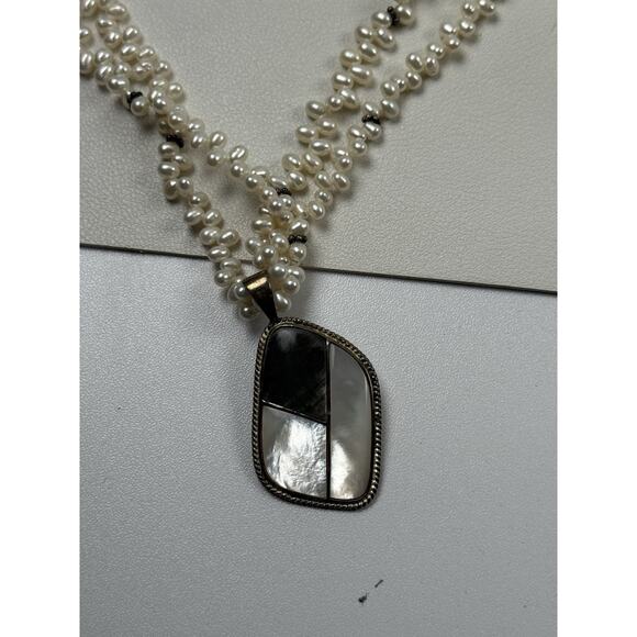 LUC Sterling Silver Necklace Double Strand 18.5" Real Pearl Abalone MOP Pendant - Picture 4 of 11